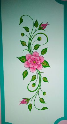 a painting with pink flowers and green leaves