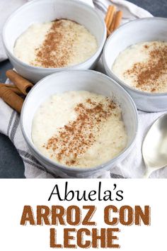 three bowls of rice pudding with cinnamon on top and the words cuban rice pudding above it