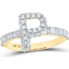 GND 10K Yellow Gold P Initial Ring with Baguette and Round Diamonds - 1.00 Carat Total Diamond Weight Luxury Initial Ring With Round Band, Luxury Diamond Initial Ring With Round Band, P Initial, The Letter P, Style Letters, Diamond Fashion Rings, Letter Ring, Letter P, Initial Ring