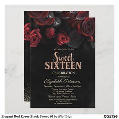 an elegant black and red rose themed sweet sixteen celebration party card with the words sweet sixteen celebration on it