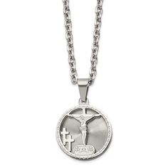 Celebrate and honor all special occasions with jewelry of religious significance! Our collection of spiritually inspired designs that show faith, hope and devotion are perfect for commemorating life's milestones. This polished and laser cut stainless steel necklace features a round crucifix pendant that is approximately 26mm (1 inch) in width by 37mm (1 7/16 inch) in length, which includes the bail. It hangs on a 2.9mm width by 24-inch-long polished cable chain that closes with a fancy lobster c Symbolic Silver Laser Engraved Jewelry, Symbolic Silver Jewelry With Laser Engraving, Symbolic Laser Engraved Silver Jewelry, Symbolic Stainless Steel Cross Jewelry, Symbolic Silver Necklace With Laser Engraving, Commemorative Silver Stainless Steel Jewelry, Engraved Stainless Steel Cross Jewelry, Silver Stainless Steel Jewelry With Engraving Option, Etched Stainless Steel Silver Jewelry