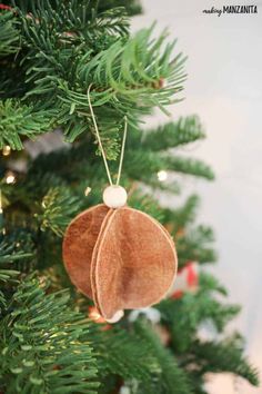 an ornament hanging from the top of a christmas tree