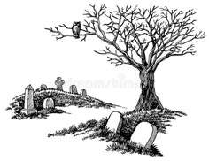 an ink drawing of a tree and tombstones