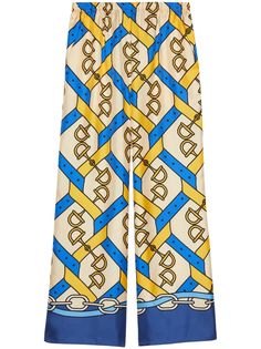 yellow silk all-over graphic print elasticated waistband multicolour flared Gucci Cotton Trousers, Gucci Ready To Wear 2022, Gucci Bell Bottoms, Gucci Print Pants, Gucci Sets For Women, Gucci Formal Pants, Gucci Formal Trousers, Formal Gucci Pants, Shop Gucci