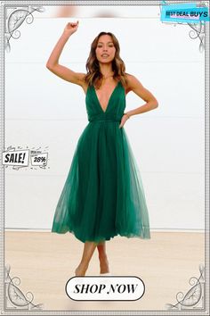 Women's New Summer Sexy Mesh Skirt V-neck Elegant Dress Spring V-neck Backless Dress, Green Fitted V-neck Backless Dress, Sleeveless V-neck Summer Prom Dress, Chic V-neck Dress For Spring Prom, Chic V-neck Prom Dress For Spring, Summer V-neck Backless Party Dress, V-neck Backless Dress For Night Out Party Season, Flirty V-neck Midi Dress For Cocktail, Flirty V-neck Backless Dress For Cocktail