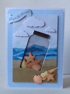 there is a card that has shells and a jar on it