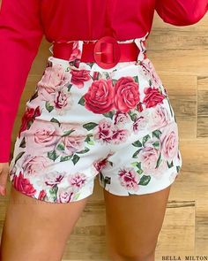 Bella Milton - Chic and Sophisticated Long Sleeve Button Front Top with Floral Print Shorts Set Chic Type, Button Front Top, Trim Top, Floral Decoration, Print Shorts, Floral Print Shorts, Yellow Fashion, Drawstring Shorts, Lantern Sleeves