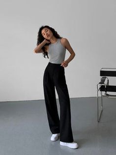 Discover our Black Drapey Wide-Leg Suit Trousers from the 2023 Summer Collection. The trousers offer a loose, straight-leg cut that drapes beautifully, perfect for casual wear. Their floor-length design adds an element of sophisticated style. Comfort and elegance come together in this versatile piece.  Details    Composition: 80% Polyester Fiber, Viscose Fiber   Design: Plain   Style: Casual   Thickness: Regular   Occasion: Leisure   Size & Fit    Stretch: Some-stretch   Fit Type: Shift   Our mo Straight Legged Trousers, Wide Leg Trousers Black Outfit, Summer Outfits Black Trousers, Elegant Black Trousers Outfit, Black Pants And Tshirt Outfit, Black Loose Trousers Outfit, Wide Leg Black Pants With Sneakers, Black Pants Outfit Elegant, Black Trousers Outfit Casual Winter