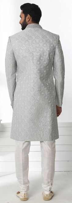 Black and Grey color Art Silk fabric Sherwani : 1824437 Wedding Kurta With Traditional Drape And Motifs, Festive Straight Kurta Sherwani With Motifs, Bollywood Style Wedding Kurta With Motifs, Diwali Sherwani With Straight Kurta And Motifs, Diwali Sherwani With Motifs In Straight Kurta Style, Fitted Churidar With Motifs For Wedding, Fitted Embroidered Fabric For Eid Ceremonial Wear, Fitted Embroidered Fabric For Ceremonial Eid Occasion, Fitted Embroidered Fabric For Ceremonial Occasions Like Eid