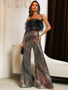 Sparkly 70s Disco Studio 54 Outfits Feather Sequin Jumpsuit 2 Piece Se – Faeriesty Sequin Looks Outfit, Funky Vegas Outfits, 70s Disco Sequin Outfit, Futuristic Disco Fashion, Elegant Disco Outfit, Green High Waisted Pants Outfits, Coastal Disco Outfit, Metallic Theme Party Outfit, Multi Way Top