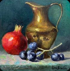 a painting of a gold pitcher and some blueberries on a white cloth with a red pomegranate