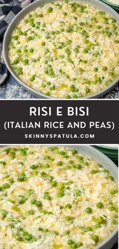 two pictures showing different types of rice and peas in a pan with the words rise bisi italian rice and peas