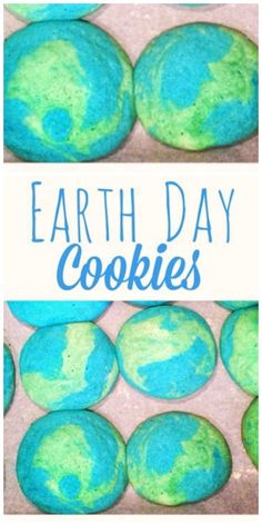 blue and green cookies with the words earth day cookies