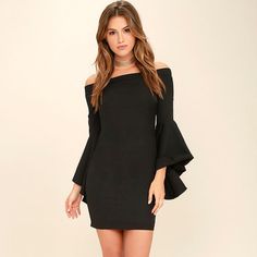 Nwt Lulus "Every Breath You Take "Off Black Off Shoulder Bell Sleeve Dress M An Air Of Romance Will Follow Everywhere You Go In The Every Breath You Take Black Off-The-Shoulder Dress! Sleek Woven Fabric Forms An Elasticized, Off-The-Shoulder Neckline Framed By Long Bell Sleeves. Darted Bodice Has A Figure Skimming Fit. Hidden Back Zipper/Clasp. Lined. Made Of Polyester And Spandex. Brand New With Tag. Sold Out Online. Size M Black Off-shoulder Mini Dress For Brunch, Off The Shoulder Black Dress, Teal Floral Dress, Lulus Maxi Dress, White Skater Dresses, Black Fringe Dress, Black Off Shoulder, Cutout Maxi Dress, Pink Bodycon Dresses