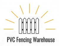 the pwc fencing warehouse logo is shown in black and white with an orange sunburst