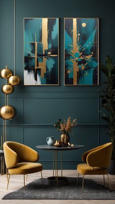 two paintings hang on the wall above a table with chairs and vases in front of it