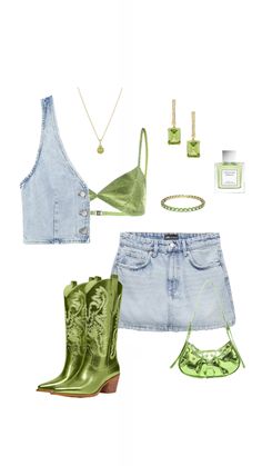 a woman's outfit and accessories including boots, bra top, jeans shorts, bracelets and necklace