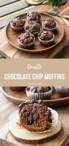 chocolate chip muffins on a wooden tray with the title overlay reads double chocolate chip muffins