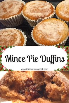 muffins with powdered sugar on top and the words, mince pie dyffins above them