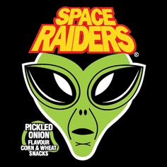 an alien face with the words space raiders on it