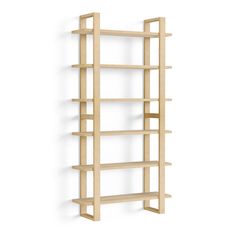 a wooden shelf with four shelves on each side and one section missing from the wall