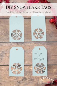 four snowflake tags with the words diy snowflake tags