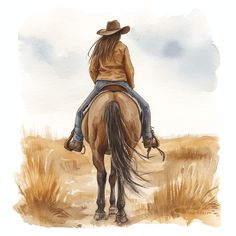 a watercolor painting of a woman riding a horse in the desert, wearing a cowboy hat