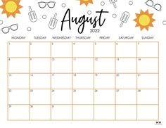 an august calendar with the sun and sunglasses on it