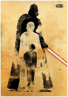 a star wars poster with the silhouettes of two people holding a lightsaben