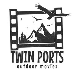 the logo for twin ports outdoor movies, with an eagle flying over mountains and trees