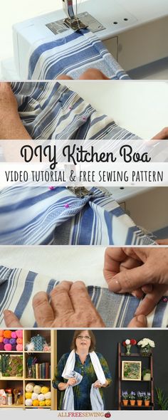 an image of a sewing machine with text overlay that reads diy kitchen bag video tutor and free sewing pattern