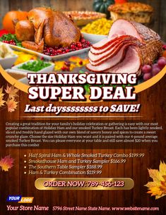 thanksgiving super deal flyer with turkey, ham and other foods on the wooden table in front of it