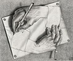 a pencil drawing of two hands on a piece of paper with a pen in it