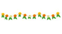 an orange and white paper flower garland with green leaves on a string against a white background