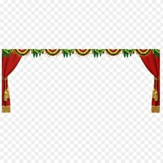 a red curtain with christmas decorations hanging from it, on a transparent background png