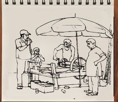 a drawing of three men standing under an umbrella with a child sitting on the table