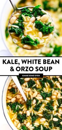 kale, white bean and orzo soup in a bowl