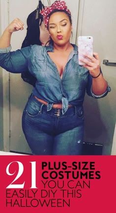 a woman taking a selfie in front of a mirror with the caption 21 plus - size costumes you can easily diy this halloween