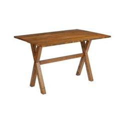 a wooden table with two crossed legs