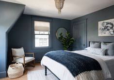 a bedroom with blue walls and white bedding