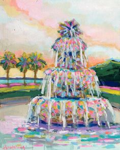 a painting of a colorful fountain with palm trees in the background