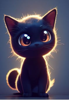 a black kitten with glowing eyes sitting down