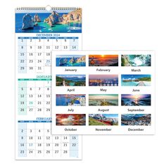 two calendars with images of boats and mountains on them, each showing the month