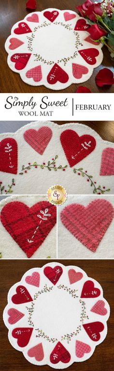 the completed table runner with hearts on it and flowers in the middle, along with two pictures