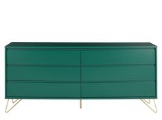 a green dresser with gold legs