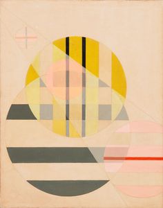 an abstract painting with lines, circles and shapes in yellow, pink, grey, black, and white