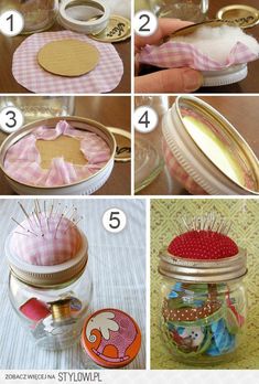 the steps to make a mason jar with buttons and pinstripes in it are shown