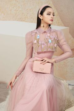 Fitted Floral Embroidery Dress With Doll Collar, Feminine Long Sleeve Sheer Dresses, Feminine Sheer Long Sleeve Dress, Feminine Long Sleeve Sheer Midi Dress, Elegant Doll Collar Spring Dresses, Spring Doll Collar Elegant Dresses, Winter Party Dress With Floral Embroidery, Elegant Pink Collared Dress, Elegant Pink Doll Collar Dress