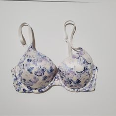 Body By Victoria Push-Up Perfect Shape Bra Size 34d Floral Print Uplift With Cushioned Padding For Shape Underwire Full Coverage Fully Adjustable Straps Back Hook-And-Eye Closures Bow And Charm Details At Front Supersoft, Double-Lined Sides For The Smoothest Shape Fitted Blue Bra With Floral Print, Fitted Blue Floral Print Bra, Victoria's Secret Fitted Floral Print Bra, Body Bra, Vs Lingerie, Purple Bras, Green Bras, Padded Bralette, Coral Lace