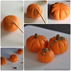 there are several pictures of pumpkins being made with fondant and some other things